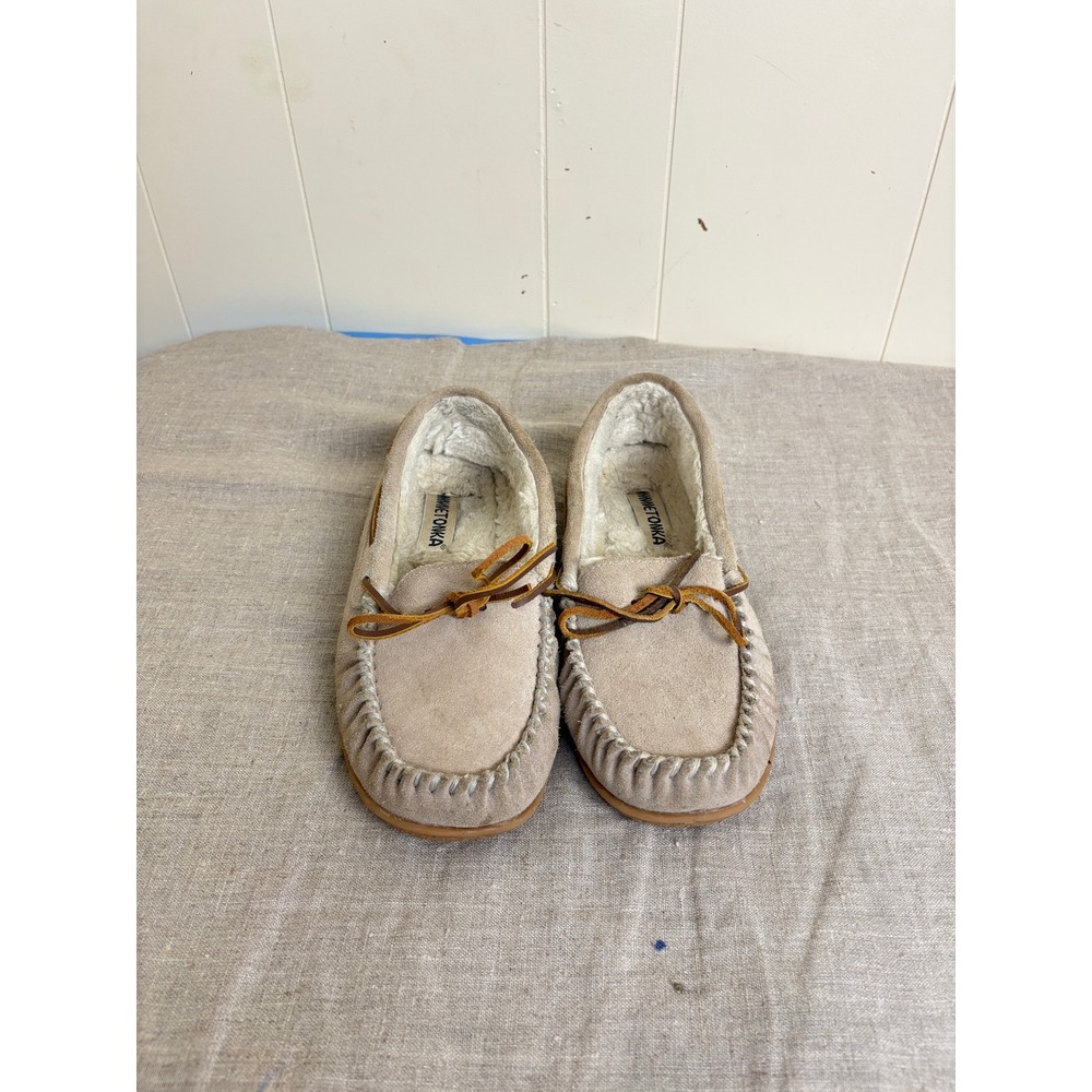 Minnetonka Cally Moccasin Slippers Womens 10 Tan Suede Faux Fur 40618